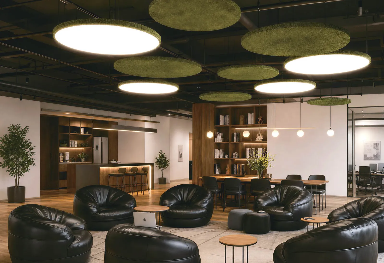 Luminaires circulaires et îlots acoustiques dans un lounge