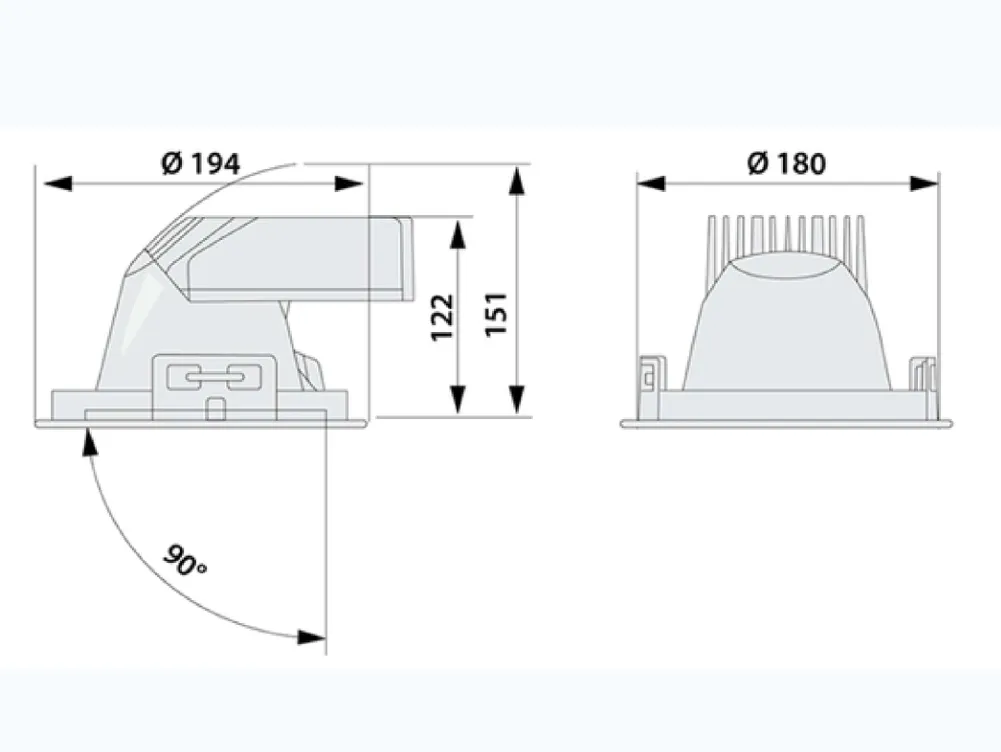 Lean DL — Downlight LED encastré orientable — Dessin coté — version 14–34 W illustrée, extrait de la fiche technique, page 2