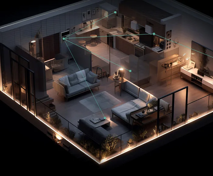 Appartement de nuit vu en coupe : luminaires, panneaux et capteurs reliés en réseau Bluetooth Mesh dans chaque pièce